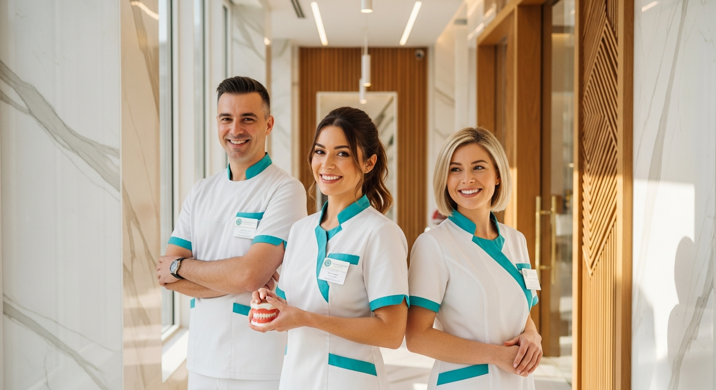 AI_IMAGE: A warm, professional group portrait of three dental professionals in elegant teal-accented white scrubs, standing in a bright modern clinic hallway with light marble walls and natural wood accents. They are smiling genuinely, exuding confidence and warmth. Soft natural light from large windows. Approachable yet highly professional | photorealistic | landscape