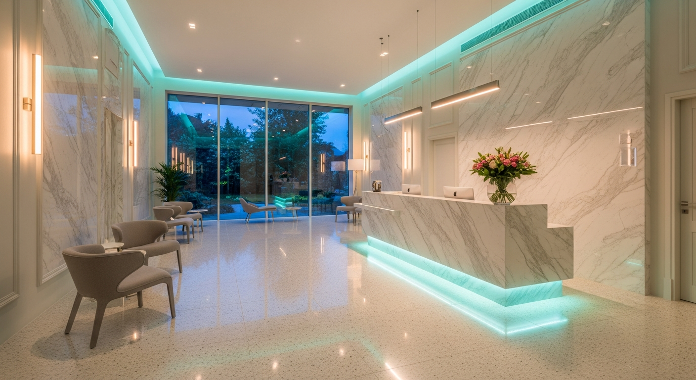 AI_IMAGE: An ultra-luxurious dental clinic lobby with floor-to-ceiling marble walls in soft cream and white tones, a stunning reception desk with warm ambient teal lighting underneath, polished terrazzo flooring reflecting soft light, a few modern sculptural chairs, and a large window wall showing a serene garden. The atmosphere is pristine, grand, and calming. Teal accent lighting glows subtly. Photographed at twilight with warm interior light contrasting cool exterior | photorealistic | landscape