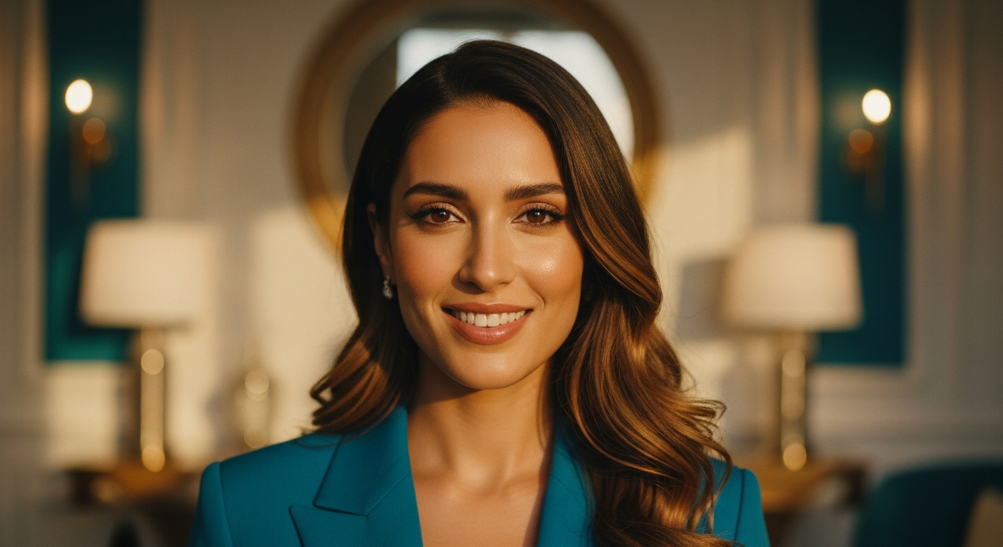 AI_IMAGE: A radiant woman with a perfect natural smile looking directly at the camera in soft golden-hour light, with a luxurious blurred background of an elegant interior with cream walls and warm teal accent decor. She exudes confidence and warmth. The lighting is flattering and cinematic with shallow depth of field. Aspirational beauty and wellness mood | photorealistic | landscape