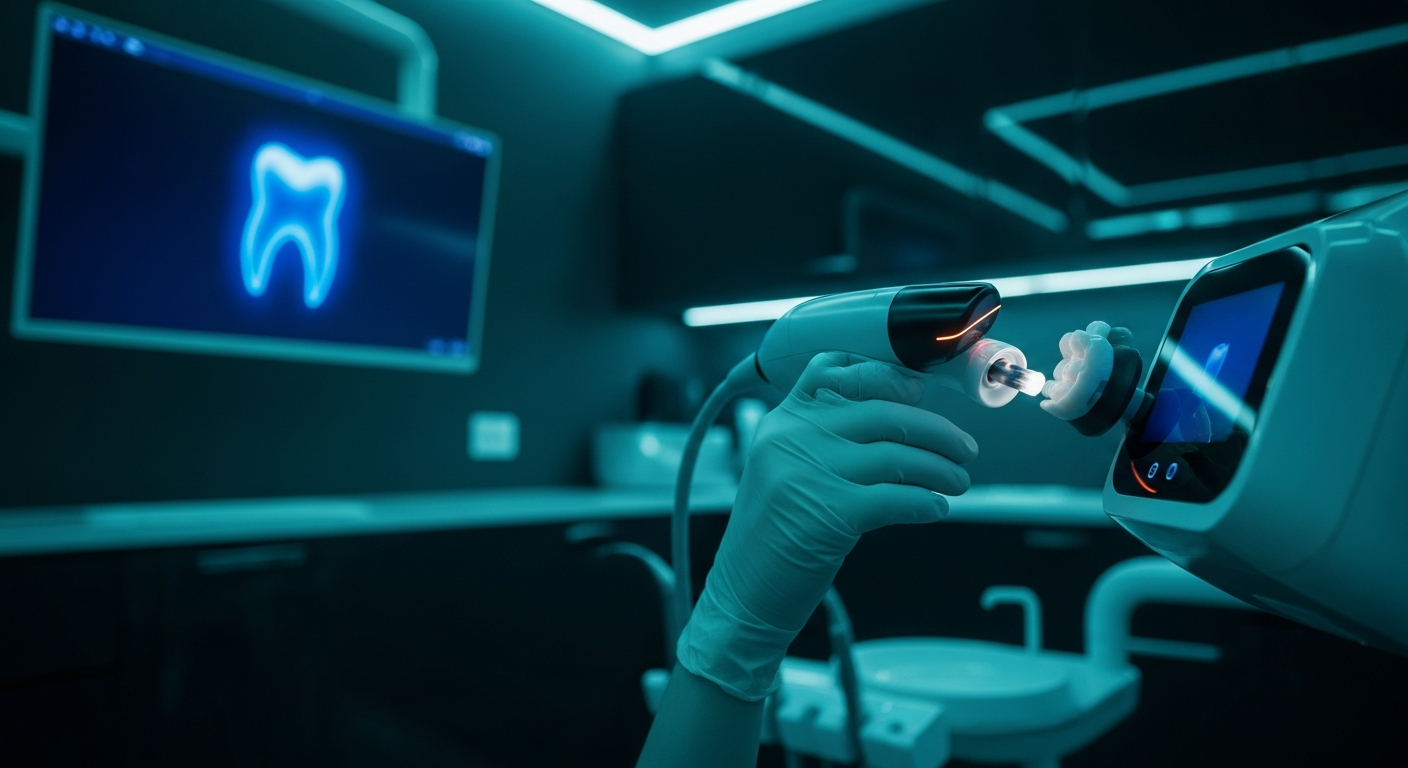 AI_IMAGE: A close-up of advanced dental technology in action — a sleek 3D intraoral scanner being used in a premium dental suite with dramatic moody teal ambient lighting, dark polished surfaces, and a large monitor in the background showing a 3D tooth model glowing in blue. The mood is futuristic, precise, and sophisticated. Deep navy and teal color palette | photorealistic | landscape