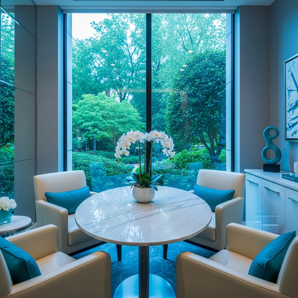 AI_IMAGE: A luxurious private dental consultation room with floor-to-ceiling window overlooking greenery. Inside, a round marble table with two soft cream leather chairs, a small arrangement of white orchids, and teal accent decor. Cool blue and teal color palette with soft natural light. Intimate, welcoming, and high-end | photorealistic | square