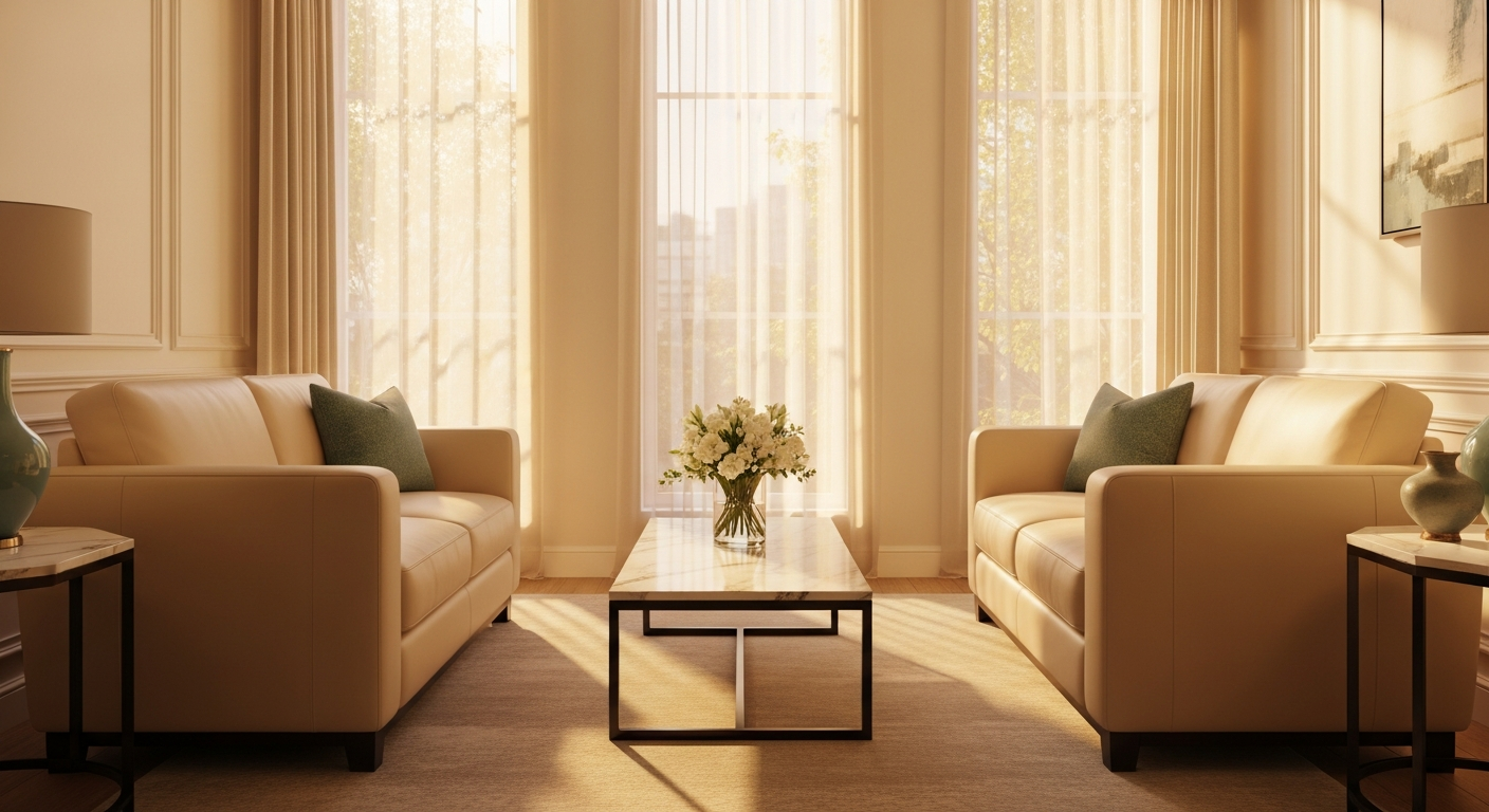 AI_IMAGE: A warm, inviting luxury dental consultation room with soft ambient lighting, cream leather armchairs facing each other across a small marble table, floor-to-ceiling windows with sheer curtains filtering golden light, fresh white flowers on the table, and subtle teal accent decor. The mood is serene, intimate, and welcoming | photorealistic | landscape