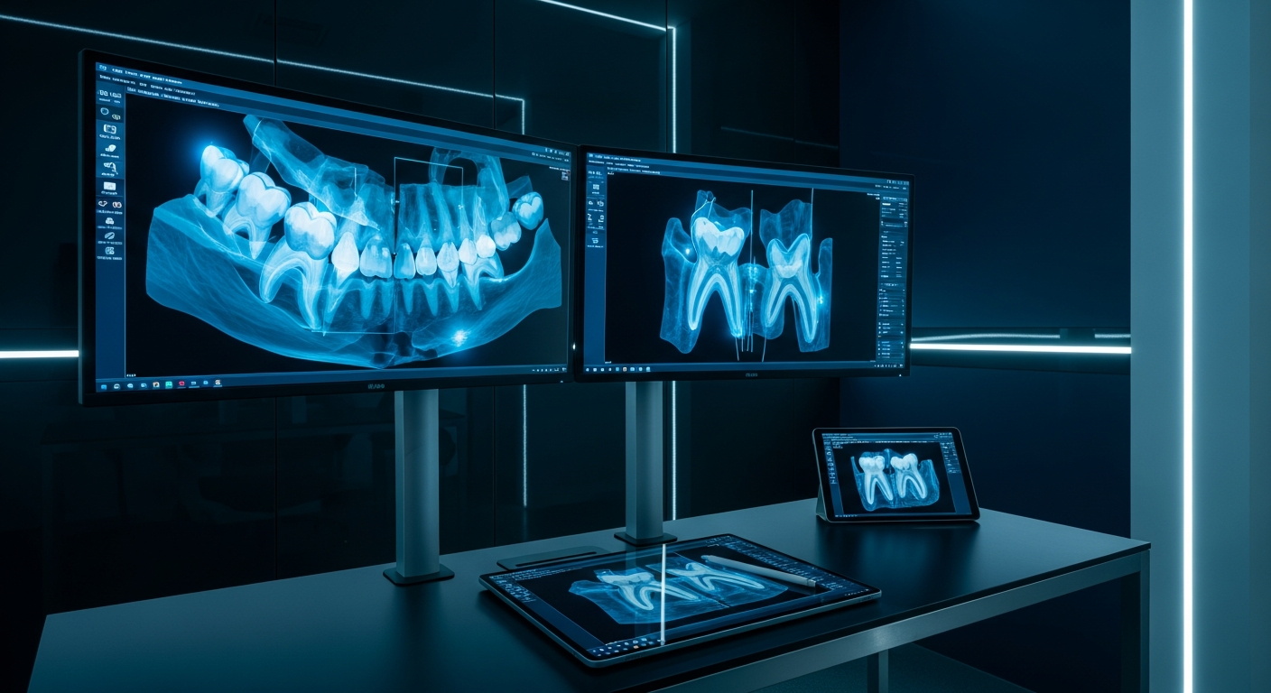 AI_IMAGE: A high-tech dental imaging suite with large monitors displaying 3D tooth scans glowing in soft blue-teal light, a sleek modern desk with a tablet and stylus, dark polished surfaces, and moody ambient lighting. The space feels futuristic, precise, and sophisticated. Cool teal and navy tones | photorealistic | landscape