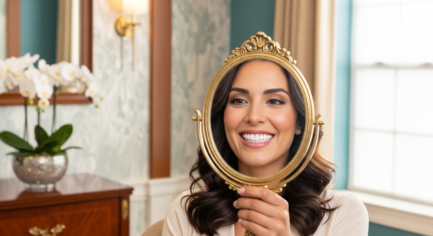 AI_IMAGE: A radiant woman looking at her perfect new smile in an elegant hand mirror in a bright, luxurious dental office. Soft natural light streams in, warm teal and cream accents in the background, fresh white orchids nearby. The expression is joyful and confident. Celebration of transformation | photorealistic | landscape