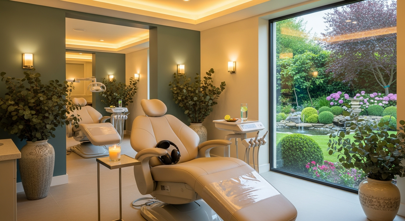 AI_IMAGE: A luxurious dental treatment room with a heated massage chair, warm ambient lighting, eucalyptus plants, soft teal and cream tones, noise-canceling headphones on the armrest, and a large window showing a tranquil garden view. The atmosphere is spa-like, calming, and clinical yet beautiful | photorealistic | landscape