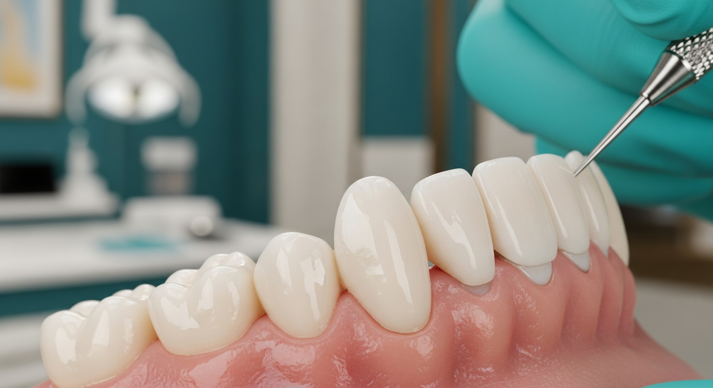 AI_IMAGE: Close-up of flawless porcelain veneers being placed on teeth with soft clinical lighting, teal and cream tones, luxury dental environment | photorealistic | landscape