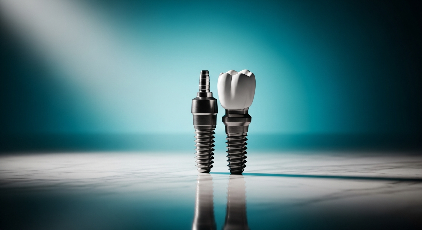 AI_IMAGE: A single dental implant model displayed on a marble surface with soft studio lighting, teal accent background, clinical yet elegant presentation | photorealistic | landscape