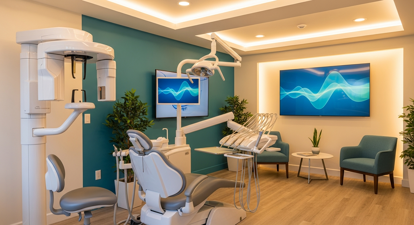 AI_IMAGE: A modern dental emergency treatment suite with state-of-the-art equipment, warm ambient lighting, teal accent wall, calm and reassuring environment | photorealistic | landscape