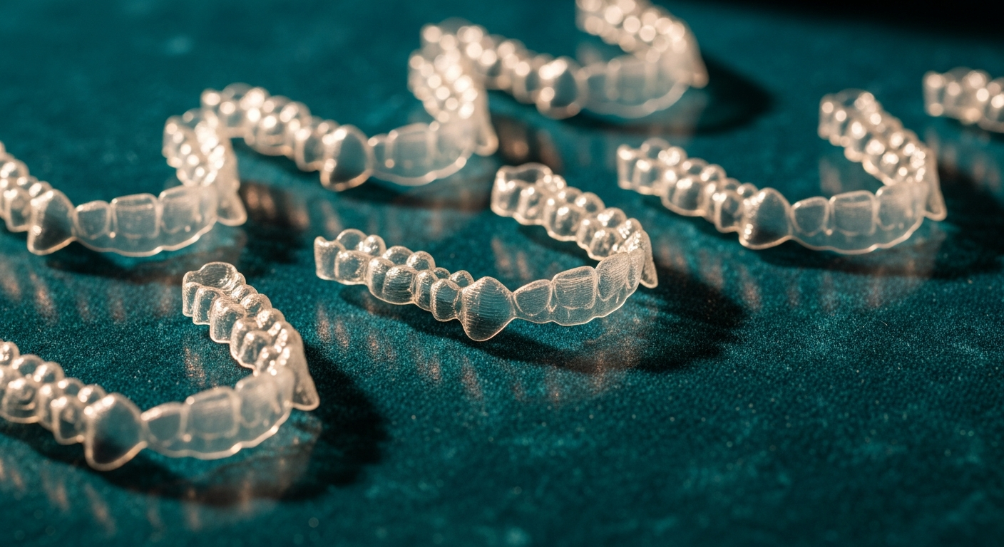 AI_IMAGE: Clear aligner trays displayed elegantly on a soft teal velvet surface with warm studio lighting, modern and luxurious orthodontic presentation | photorealistic | landscape
