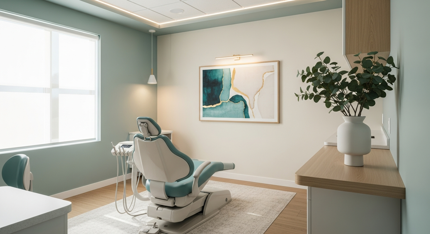 AI_IMAGE: A serene dental hygiene treatment room with soft natural light, eucalyptus plant, teal and cream tones, gentle and spa-like atmosphere | photorealistic | landscape