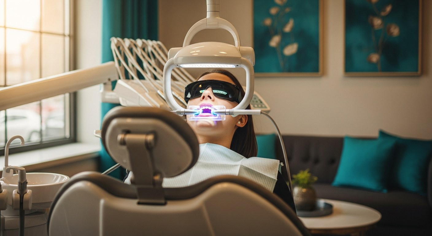 AI_IMAGE: Professional teeth whitening procedure in a luxury dental chair with LED light, patient relaxing, warm ambient teal-accented room | photorealistic | landscape