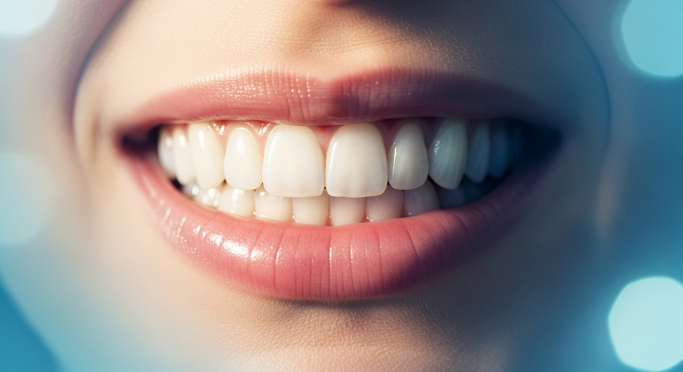 AI_IMAGE: Close-up of a radiant, natural-looking smile with perfect white teeth in warm soft-focus lighting, with creamy bokeh background. The image conveys luxury cosmetic dentistry. Cool teal and soft blue tones, serene and calming mood | photorealistic | landscape