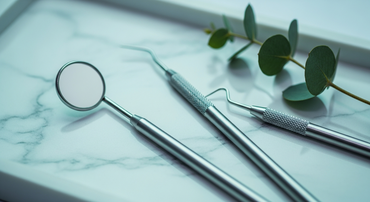 AI_IMAGE: An elegant close-up of dental instruments arranged artfully on a marble tray with soft cool lighting. The instruments are modern and sleek, reflecting subtle blue-teal light. A small eucalyptus sprig adds freshness. Clinical yet luxurious mood | photorealistic | landscape
