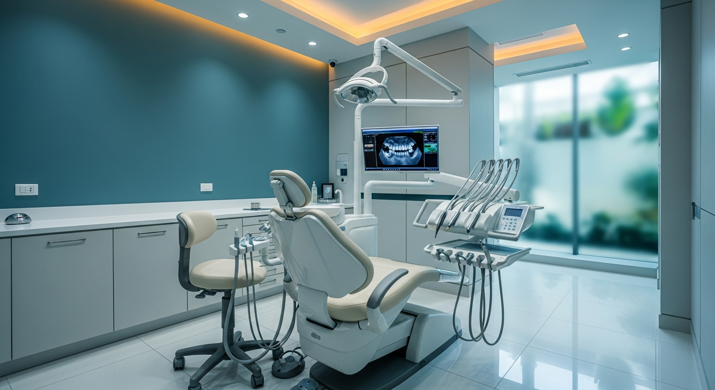AI_IMAGE: A pristine dental operatory with cool teal accent wall, cream leather patient chair, soft ambient lighting from recessed fixtures, and modern dental equipment. The room feels calm and luxurious, like a high-end medical suite. Cool blue-teal tones | photorealistic | landscape