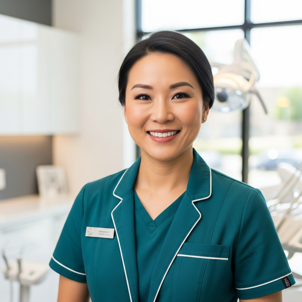AI_IMAGE: A professional headshot of an Asian female dentist in her 40s wearing elegant teal scrubs, standing in a bright modern clinic. She has a warm, confident smile. The background is softly blurred with natural light. Professional, approachable, and sophisticated. Cropped from chest up | photorealistic | square