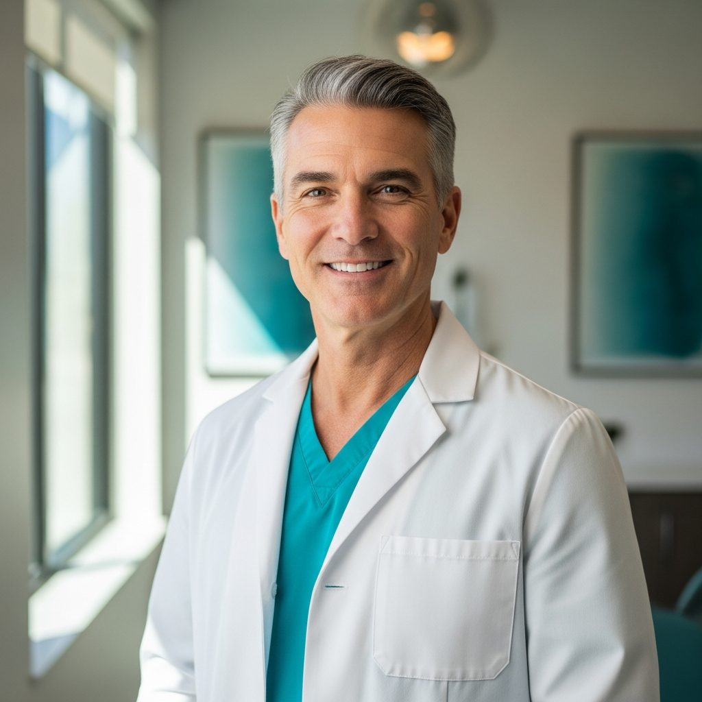 AI_IMAGE: A professional headshot of a Caucasian male orthodontist in his mid-40s with salt-and-pepper hair, wearing a crisp white dental coat over teal scrubs. He has a warm, distinguished smile and stands in a sleek modern dental office with soft natural light. The background is softly blurred with hints of teal decor. Confident and trustworthy | photorealistic | square
