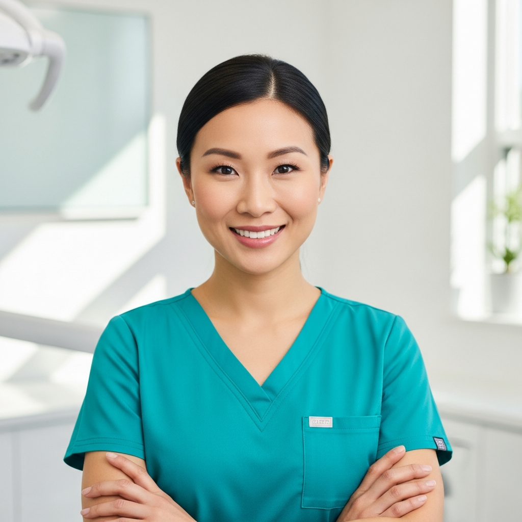 AI_IMAGE: A professional headshot of a Korean-American female periodontist in her mid-30s wearing elegant teal scrubs with a warm, confident smile. She has sleek black hair pulled back neatly. She stands in a bright, modern dental clinic with clean white walls and soft natural light. The background is tastefully blurred. Elegant, precise, and approachable | photorealistic | square