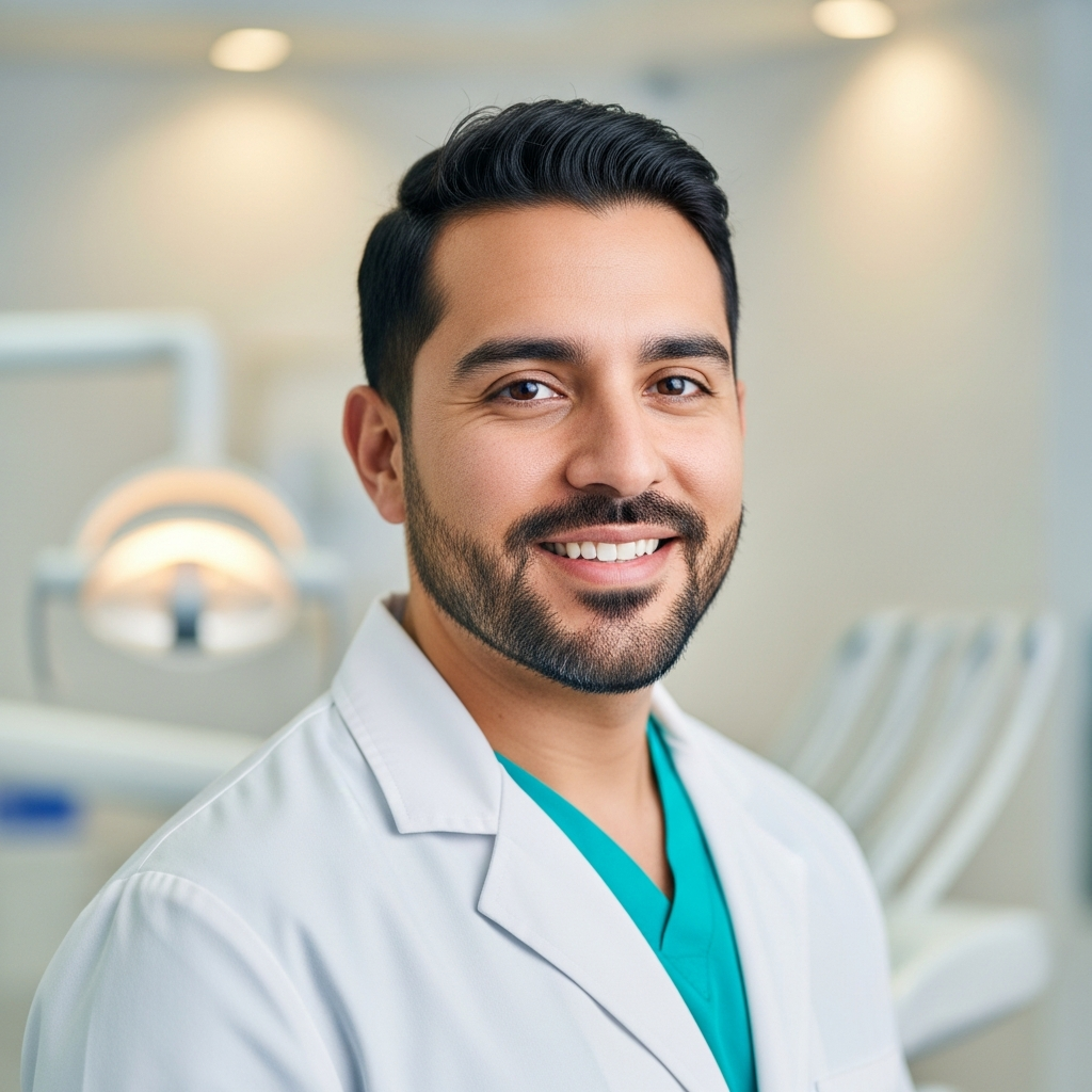 AI_IMAGE: A professional headshot of a Hispanic male dentist in his late 30s wearing white dental coat over teal scrubs, standing in a modern dental office. He has a kind, reassuring expression. The background is softly blurred. Professional and warm. Cropped from chest up | photorealistic | square