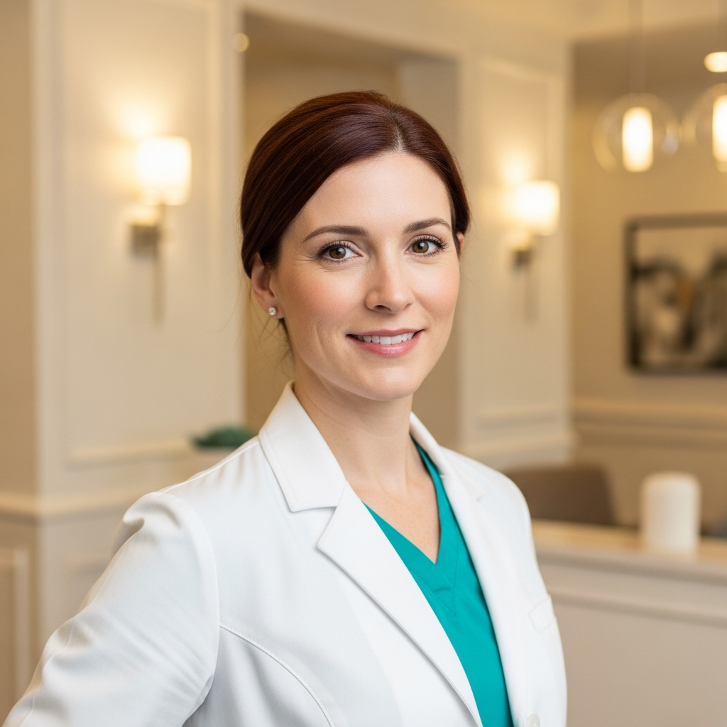 AI_IMAGE: A professional headshot of a Caucasian female endodontist in her late 30s with auburn hair, wearing a white dental coat over teal scrubs. She has a gentle, reassuring smile and stands in a sophisticated dental office with cream-colored walls and warm ambient lighting. The background is softly blurred. Compassionate, skilled, and refined | photorealistic | square