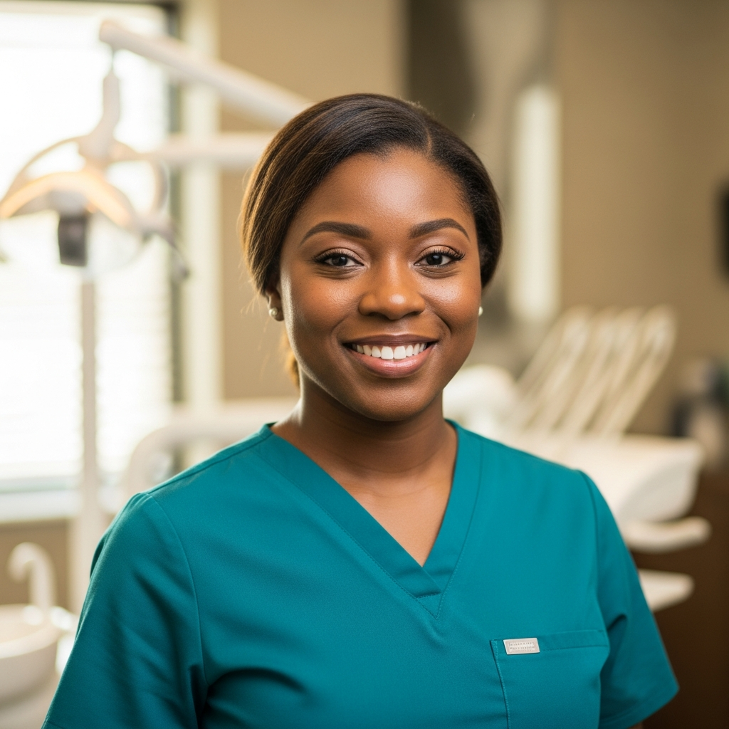 AI_IMAGE: A professional headshot of a Black female dental hygienist in her early 30s wearing elegant teal scrubs with a warm, genuine smile. She stands in a bright modern clinic with natural light. The background is softly blurred. Friendly, professional, and caring. Cropped from chest up | photorealistic | square